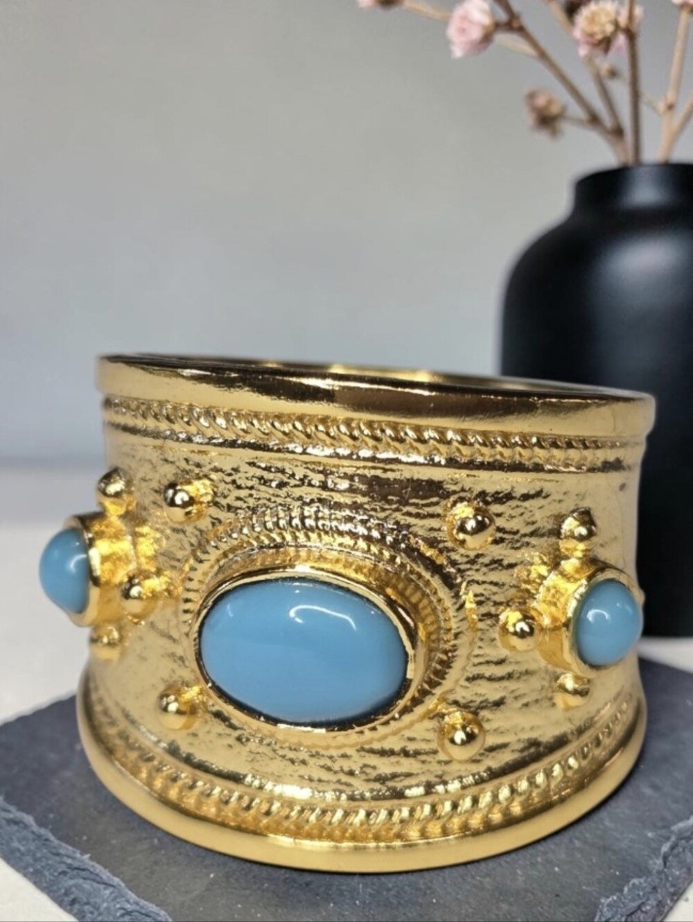 Fab 18k Gold Plated Artisan Byzantine Natural Turquoise Cabochon Wide Band Ring
